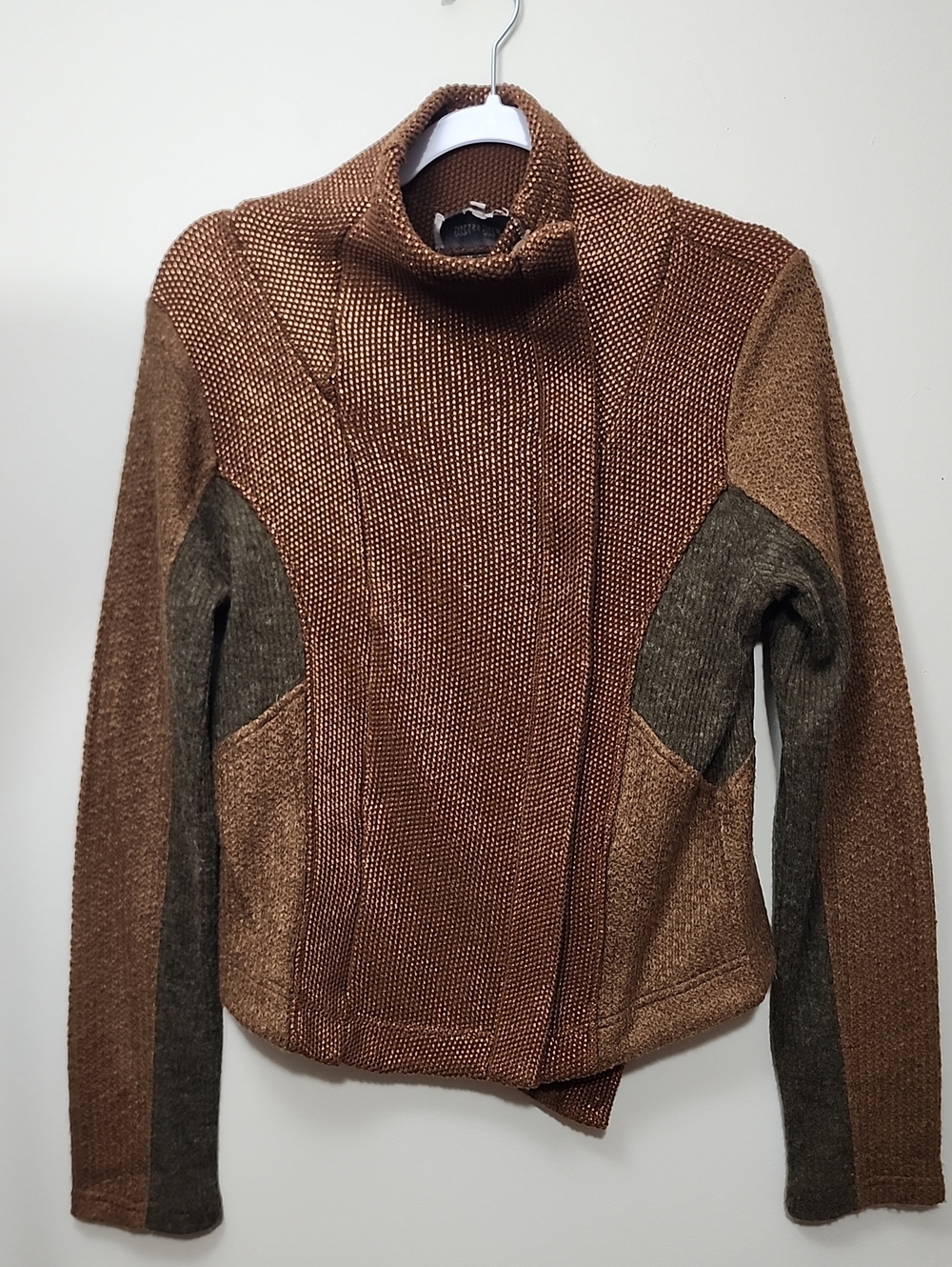 Miss Me Vintage Mixed Media Knit Moto Jacket Asymmetrical Shimmer Earth Tone Med